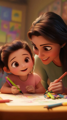 女孩画蜡笔画母亲陪伴