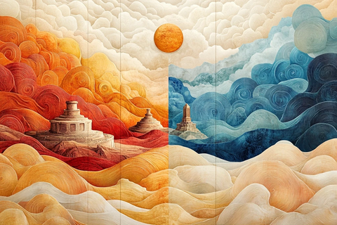 古佛塔与云日的艺术风格场景