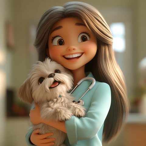 女兽医抱狮子狗白色背景