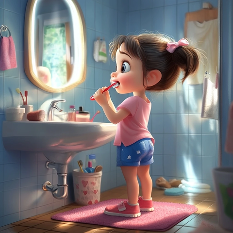 女孩刷牙镜子洗手间