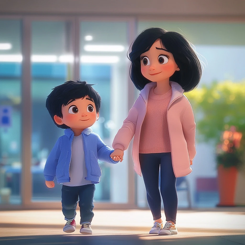 男孩牵着妈妈走向医院