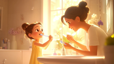 母女刷牙早晨温馨场景