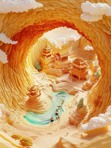 峡谷中古建筑的立体剪纸风艺术造型