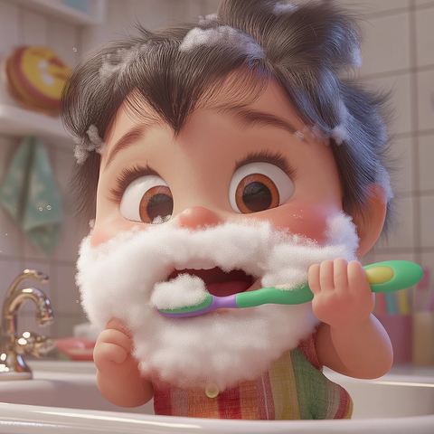 岁女孩刷牙泡沫似胡须