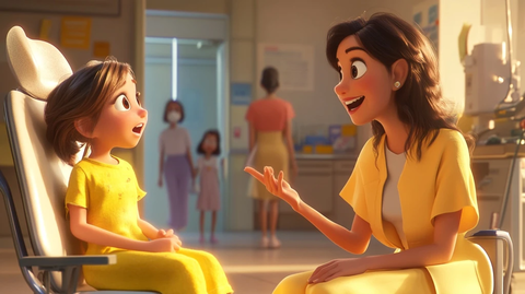 母女坐在牙科诊所椅子上