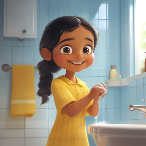 小女孩卷袖洗手插画