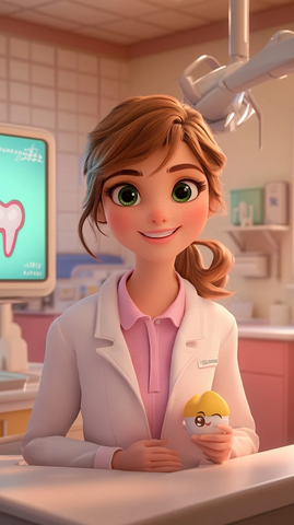 牙医与卡通牙齿展示屏