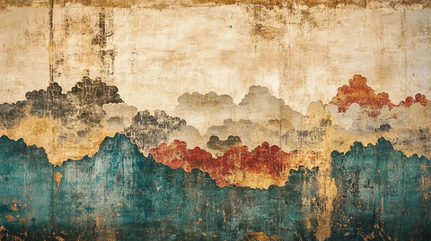 复古做旧风格的山水云景壁画