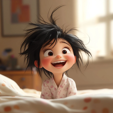 女孩起床笑脸坐在床上