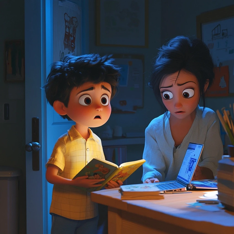 孩子门外看母亲深夜工作