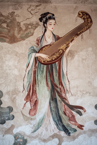 弹琵琶的古装女子壁画