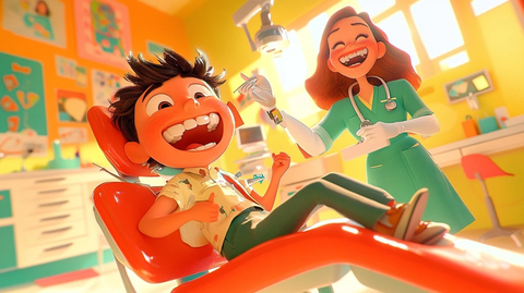 男孩坐牙医椅看牙医