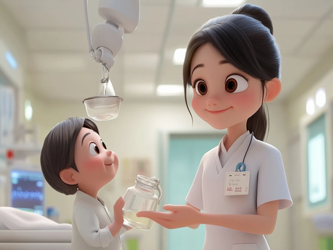 护士喂水病人微笑