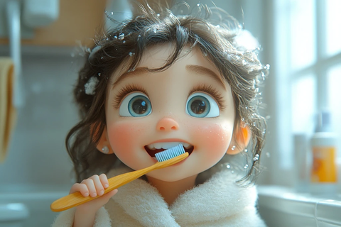 小女孩刷牙镜子前