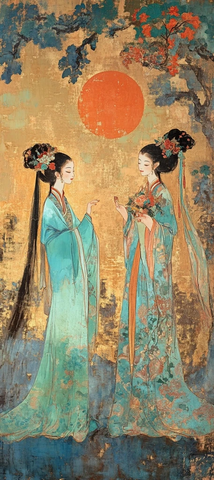 古装女子于落日背景下相对而立