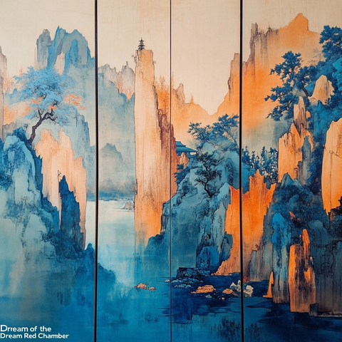 山水屏风画展现壮丽山景与幽静水域