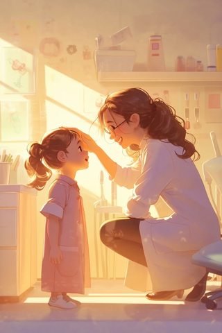 牙医抚摸孩子头部微笑