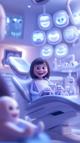 女孩坐在现代牙科椅上玩牙形玩具