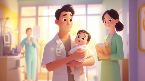 父亲抱婴儿去医院看医生