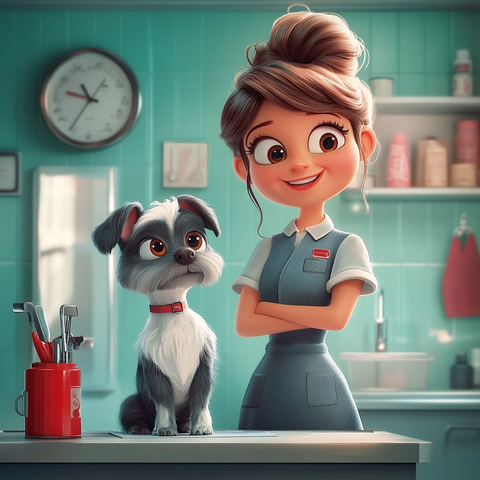 女宠物美容师与狗狗