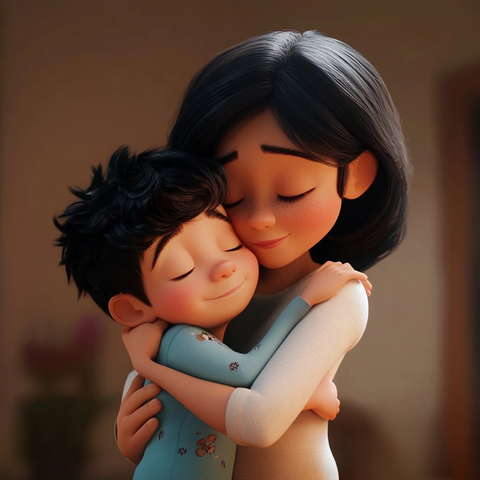 母亲抱儿子闭眼温馨时刻