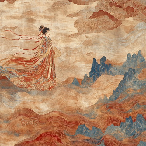 古装女子在云海山巅飘逸而立的画面