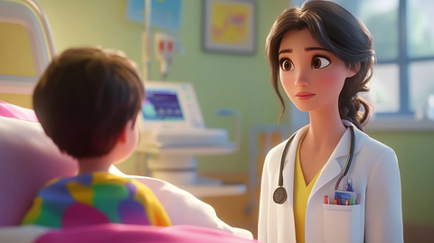 医生注视病床上的孩子