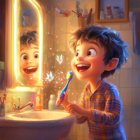 男孩刷牙与魔法牙刷