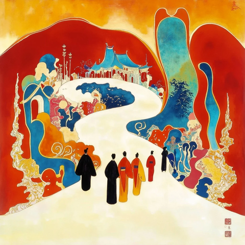 古代人物行走于色彩斑斓的古建之路