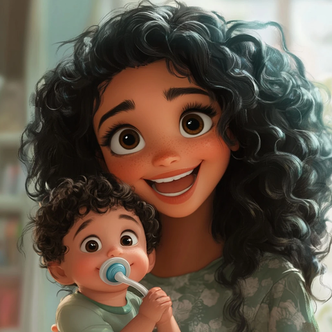 黑发女子抱婴儿微笑