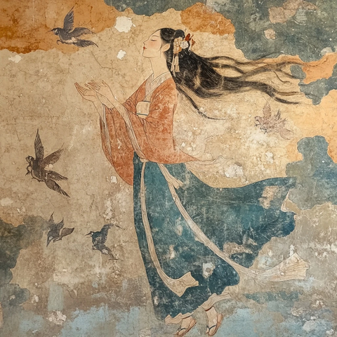 古装女子与飞鸟共舞的壁画形象