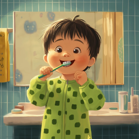 小男孩镜前刷牙穿绿色连体衣