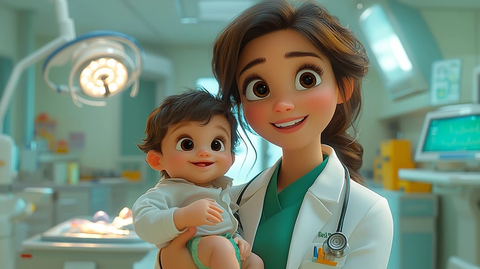 儿科医生怀抱婴儿微笑