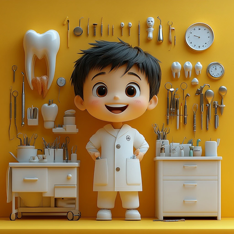 男孩笑穿白牙医服工具布局