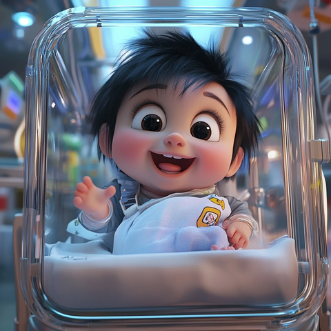 婴儿爬行微笑孵化器中