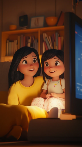 女孩与母亲看电视