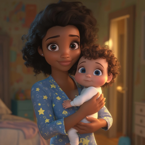 母亲夜晚哄幼儿入睡