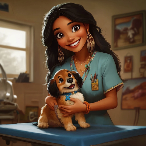 女兽医照顾小狗检查台