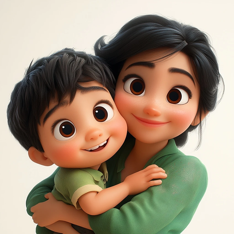 黑发母亲绿衣拥抱棕发儿子