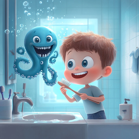 孩子刷牙与浮动章鱼朋友