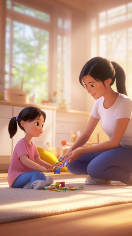 母女温馨晨光中的拼图时光