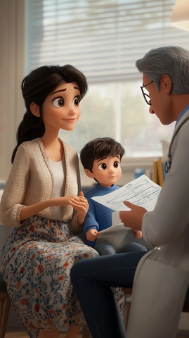 医生阅读报告母子握手担忧