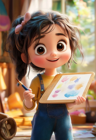 女孩画画手持水彩板和水彩笔