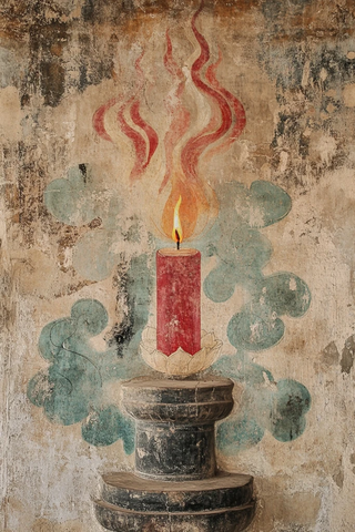 古旧墙面上绘有火焰的蜡烛壁画