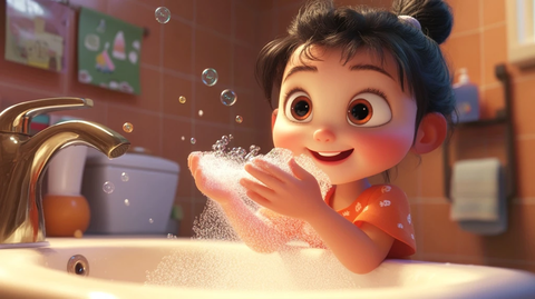 女孩洗手泡沫浴