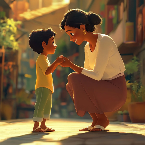 母亲握儿子手蹲下对视