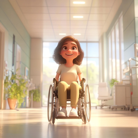 轮椅上的艾米丽微笑医院走廊