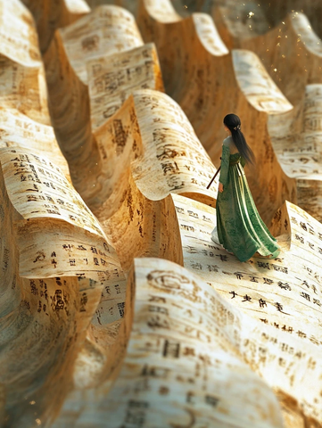 古装女子行走于书卷堆叠的奇幻场景中