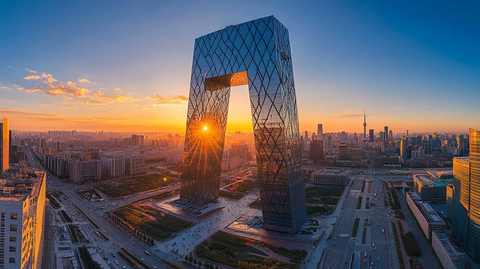 日落时分鸟瞰北京央视大楼全景