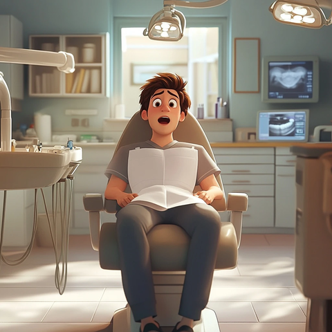 男子坐在牙医椅上表情惊讶